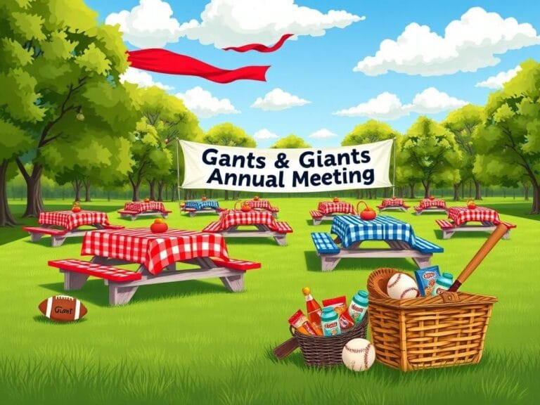 Flick International Large picnic setup in a green park symbolizing the NY and SF Giants with sports equipment