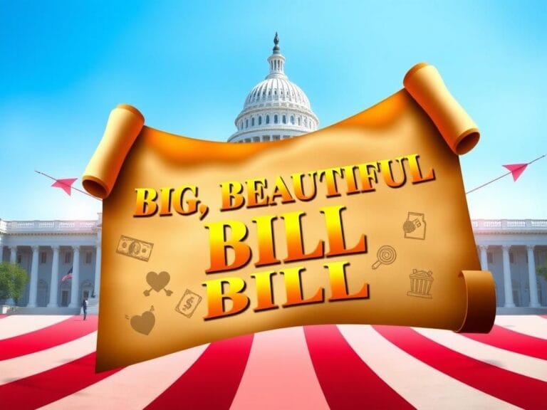 Flick International Large Capitol building under a bright blue sky with a scroll reading 'Big, Beautiful Bill'