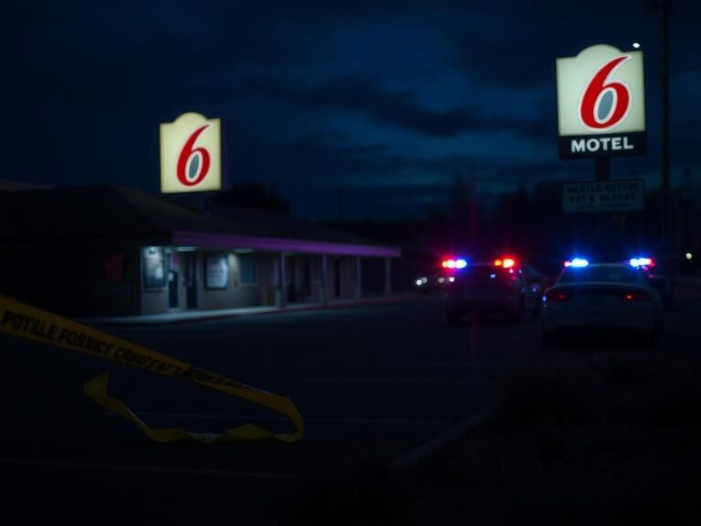 Flick International Dimly lit parking lot outside a Motel 6 with police tape and blurred emergency vehicle lights