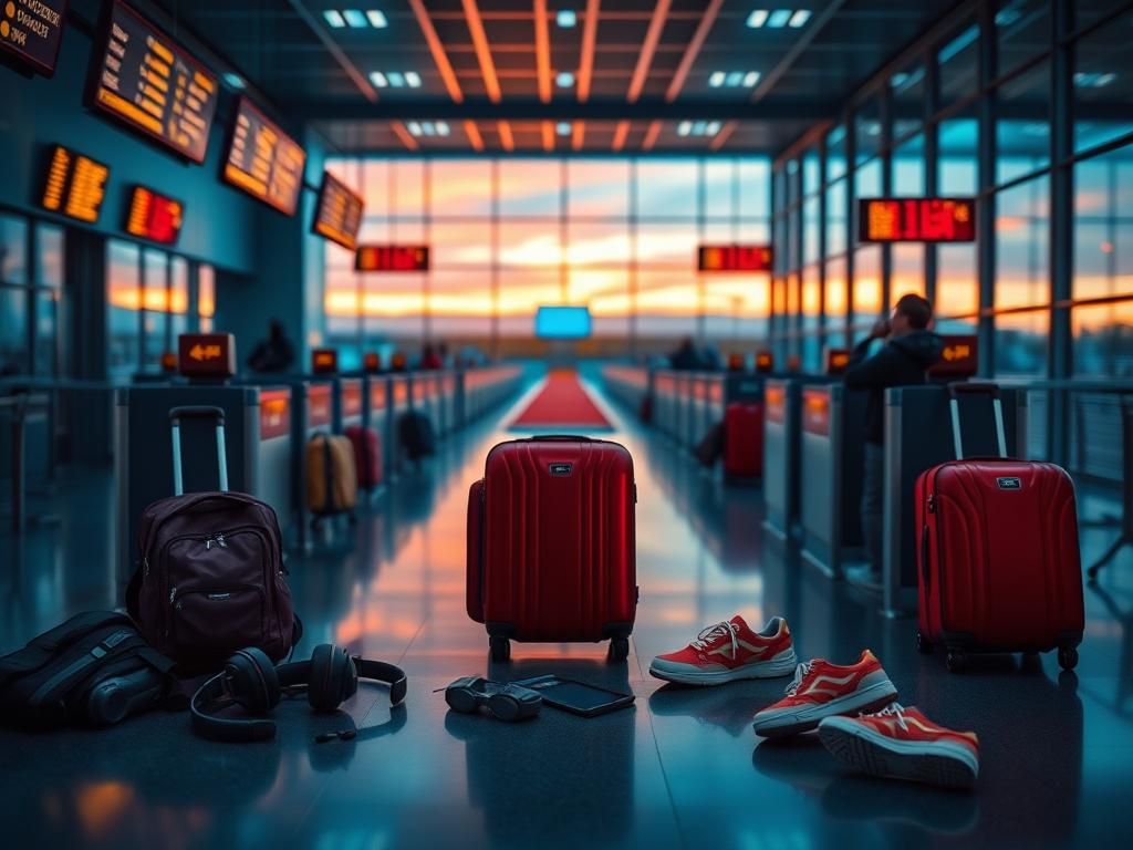 Flick International A bustling airport scene depicting an empty security checkpoint, colorful luggage, and vivid departure screens.