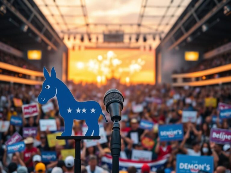 Flick International Dynamic rally scene with colorful banners advocating for social justice and a symbolic microphone.