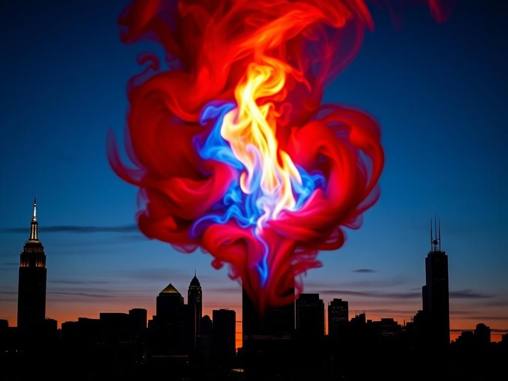 Flick International Dramatic urban skyline at dusk with a metaphorical flame shaped like a ballot box