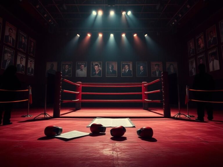 Flick International Dramatic boxing ring in empty arena spotlighted against dark background