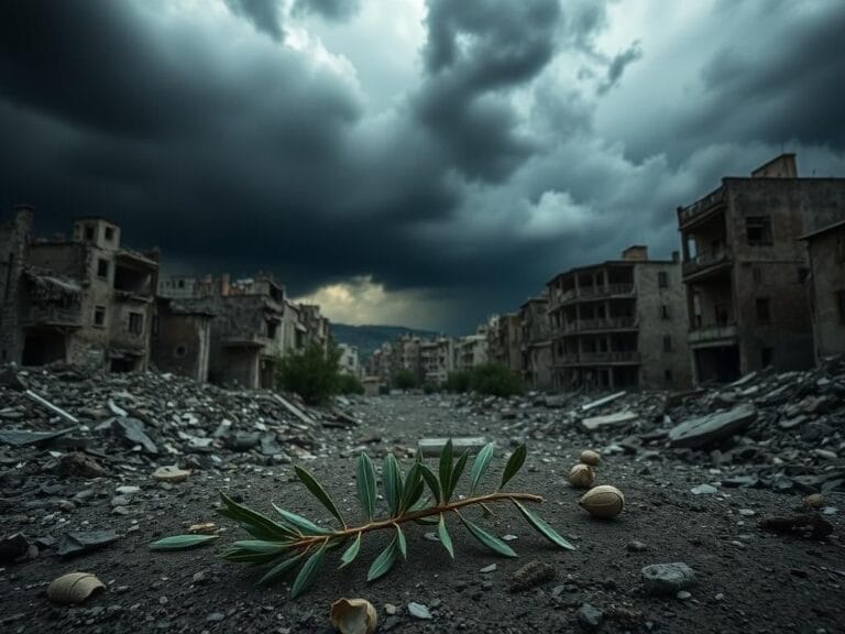 Flick International Desolate urban landscape depicting war-torn buildings and debris