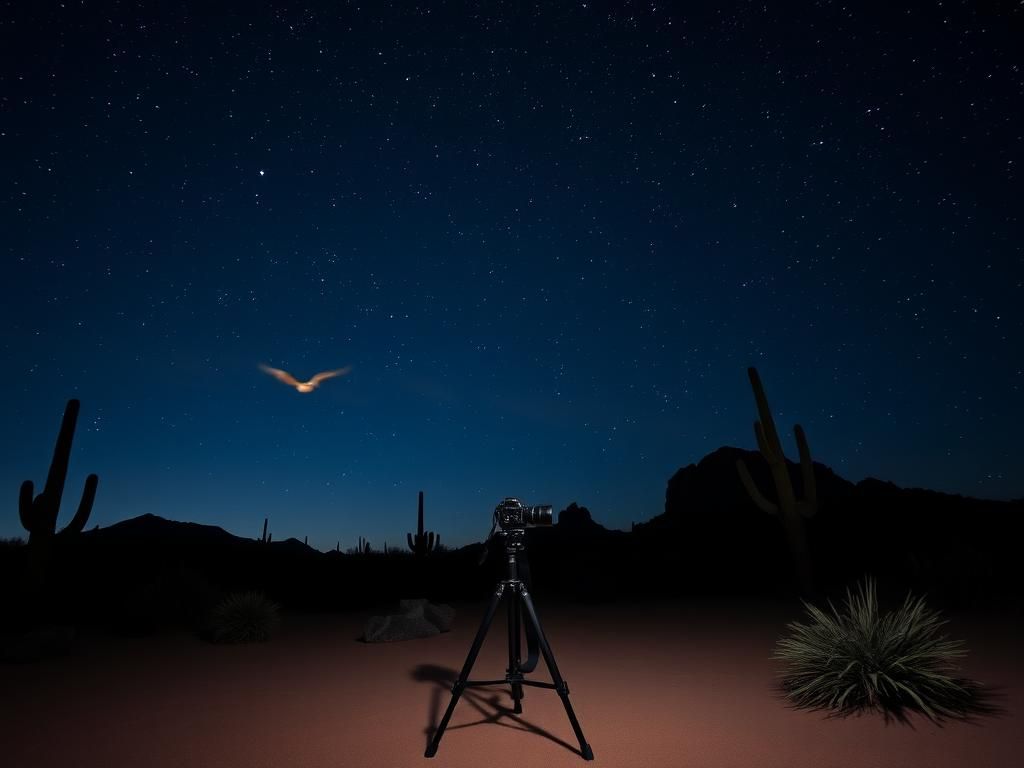 Flick International A serene Arizona night sky with stars and a small bat flying near a camera tripod