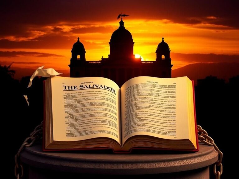 Flick International A dramatic sunset over El Salvador's National Palace with a fluttering constitution symbolizing political change