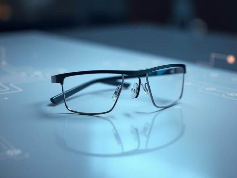 Flick International Ultra-thin AI glasses resting on a modern surface with tech elements