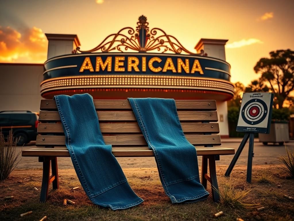 Flick International Vintage cinema marquee reading 'Americana' with blue jeans on a rustic bench and elements of a gun range in Sydney, Australia