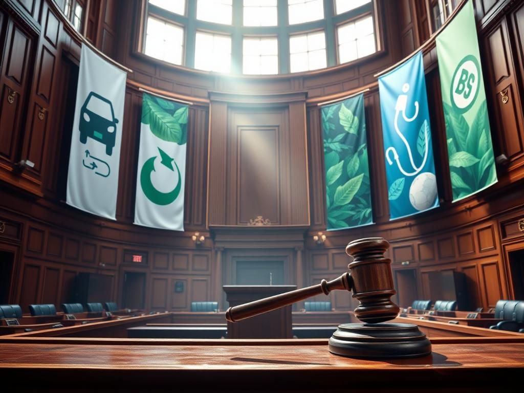Flick International A dramatic courtroom setting with an empty judge's bench and gavel, symbolizing the legal battle over electric vehicle mandates.