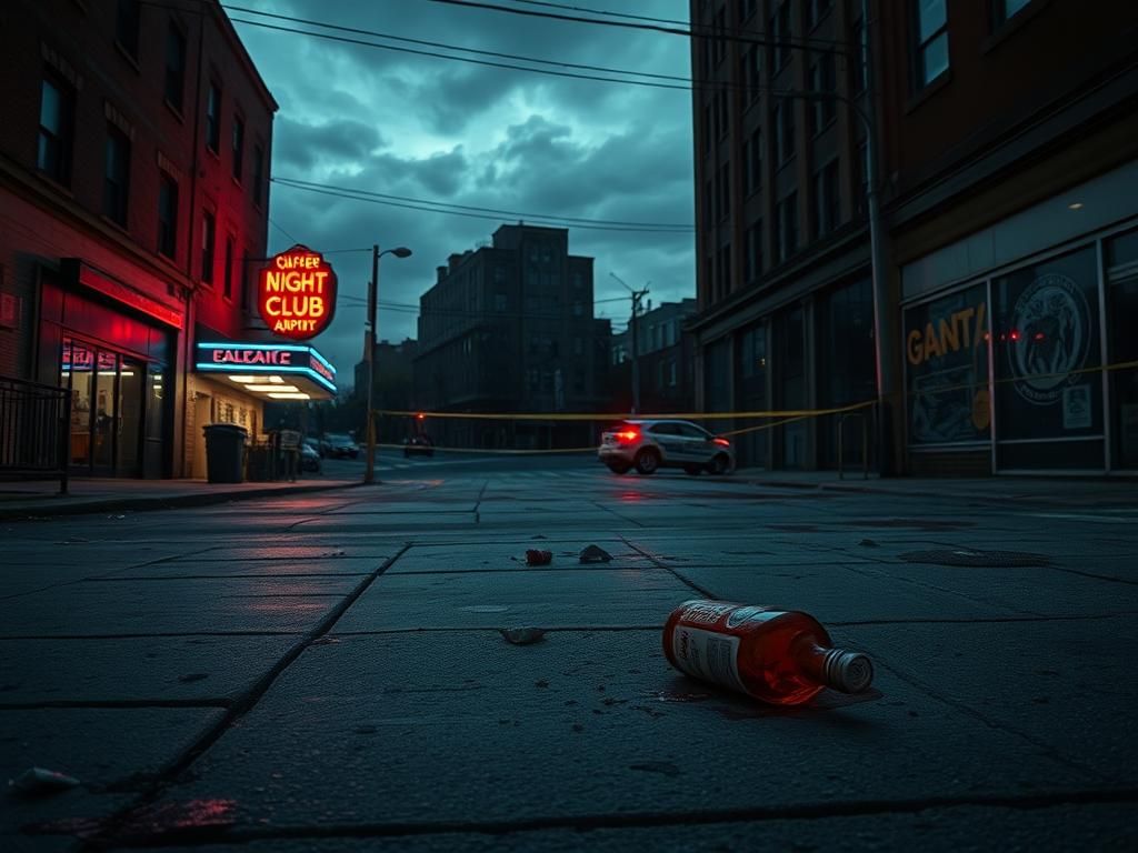 Flick International Dimly lit urban street corner showing signs of a recent violent altercation.