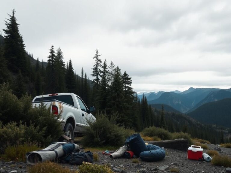 Flick International A weathered white Ford F-150 partially hidden by bushes in the rugged Montana wilderness, indicating a recent escape.