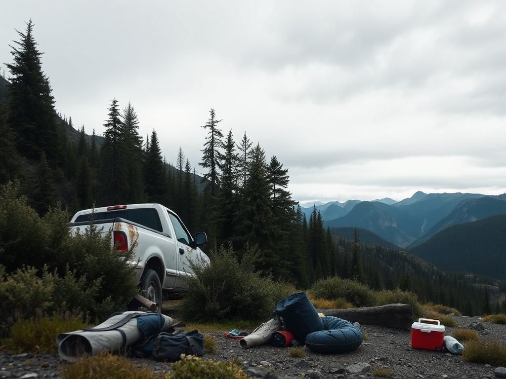 Flick International A weathered white Ford F-150 partially hidden by bushes in the rugged Montana wilderness, indicating a recent escape.