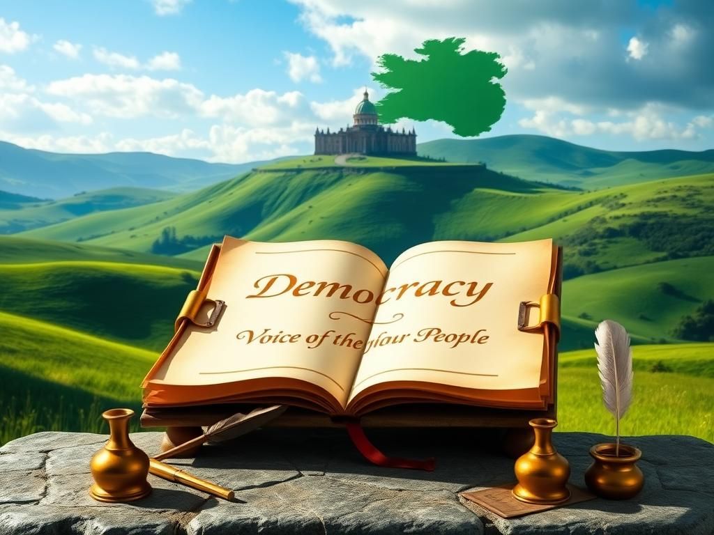 Flick International A vibrant Irish landscape featuring rolling green hills and a petition document symbolizing civic engagement.