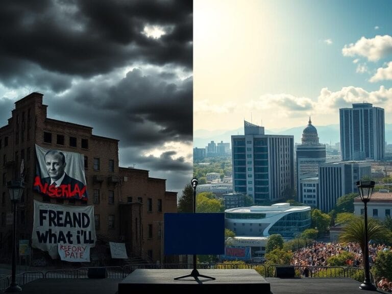 Flick International A split scene contrasting political landscapes in urban settings with crumbling buildings on the left and a vibrant cityscape on the right