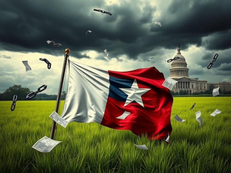 Flick International Stylized Texas landscape with lush grass and dark storm clouds symbolizing political tension
