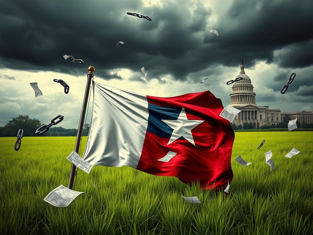 Flick International Stylized Texas landscape with lush grass and dark storm clouds symbolizing political tension