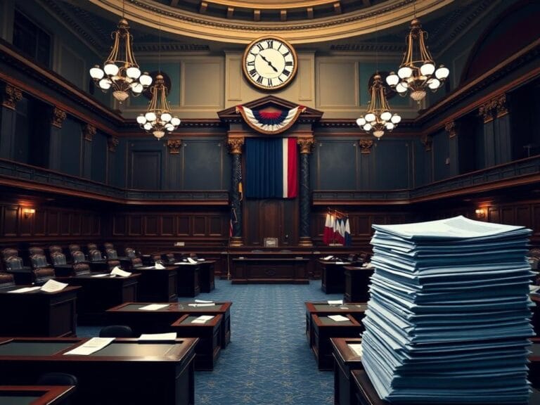 Flick International A grand, empty Senate chamber with polished wooden desks and the Senate seal, conveying legislative urgency