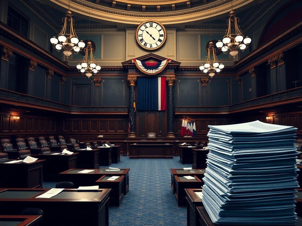 Flick International A grand, empty Senate chamber with polished wooden desks and the Senate seal, conveying legislative urgency