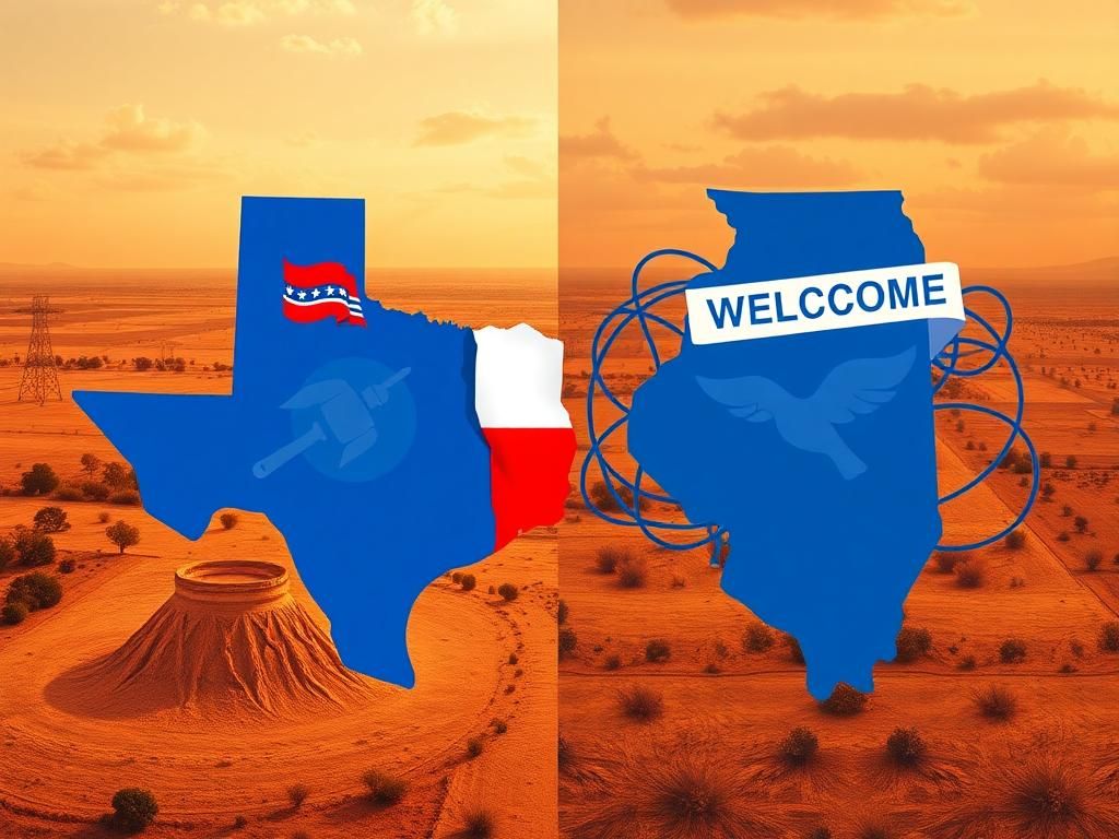 Flick International Illustration contrasting Texas and Illinois with symbols of political conflict and redistricting efforts.