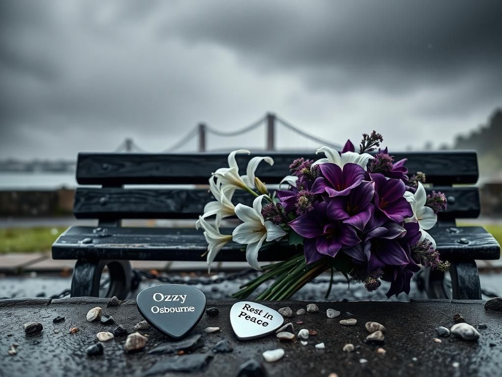 Flick International A reflective scene featuring a weathered bench with flowers honoring Ozzy Osbourne