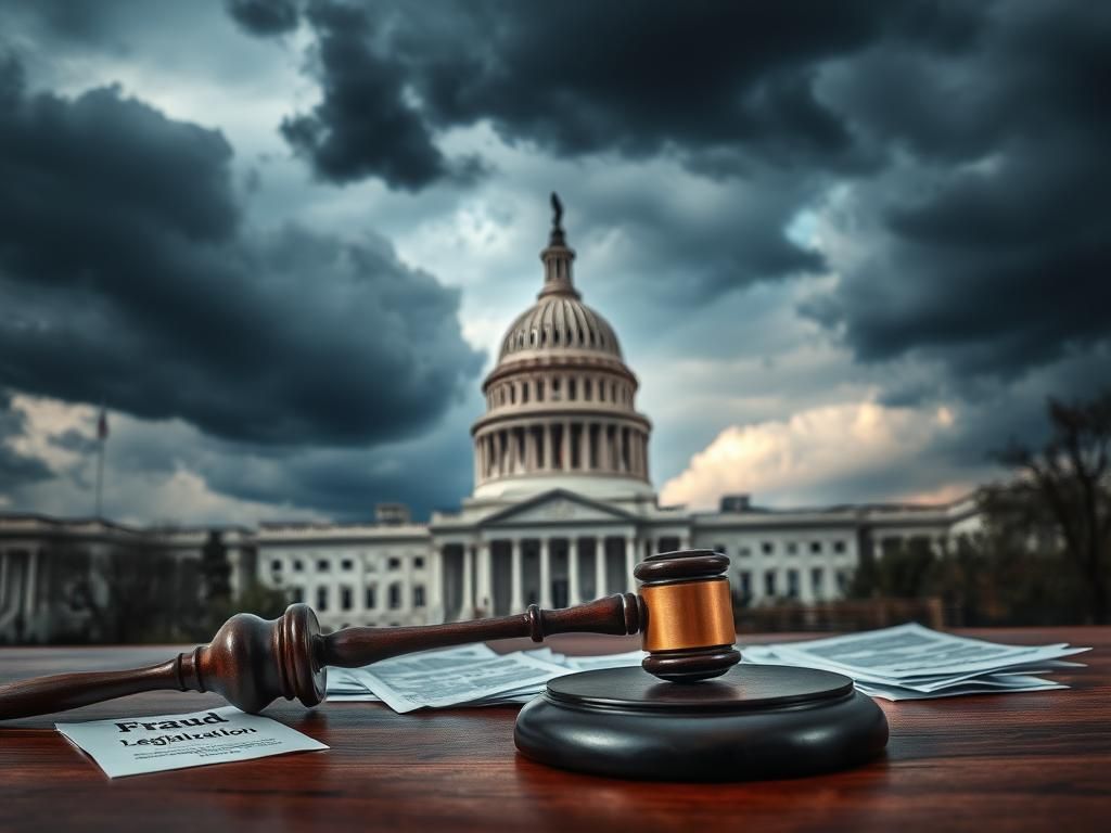 Flick International Dramatic image of Capitol Hill under a stormy sky with a gavel and scattered papers symbolizing political scrutiny