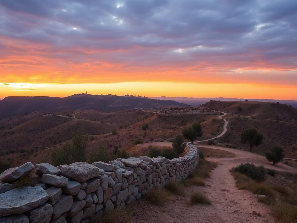 Flick International Panoramic view of the Judean landscape with olive trees and a rugged stone wall