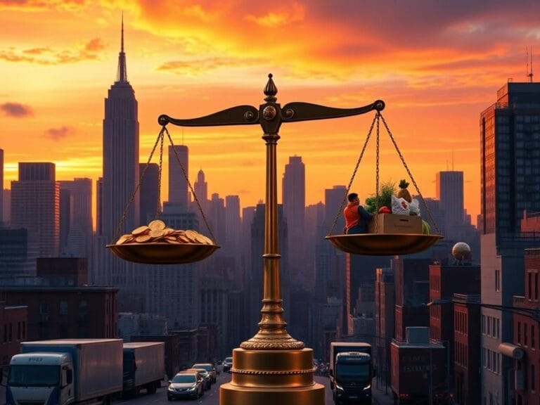 Flick International A dramatic cityscape of New York City at sunset with a large pair of scales symbolizing the debate over taxation and economic policies.