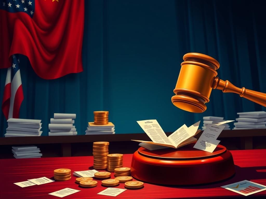 Flick International A dramatic courtroom scene with a gavel striking a sound block, set against a large American flag.