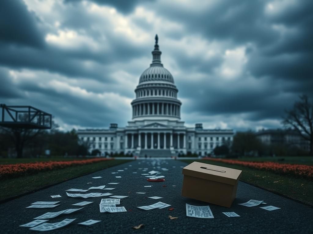 Flick International U.S. Capitol building surrounded by scattered voting ballots and a broken ballot box, symbolizing electoral integrity issues.