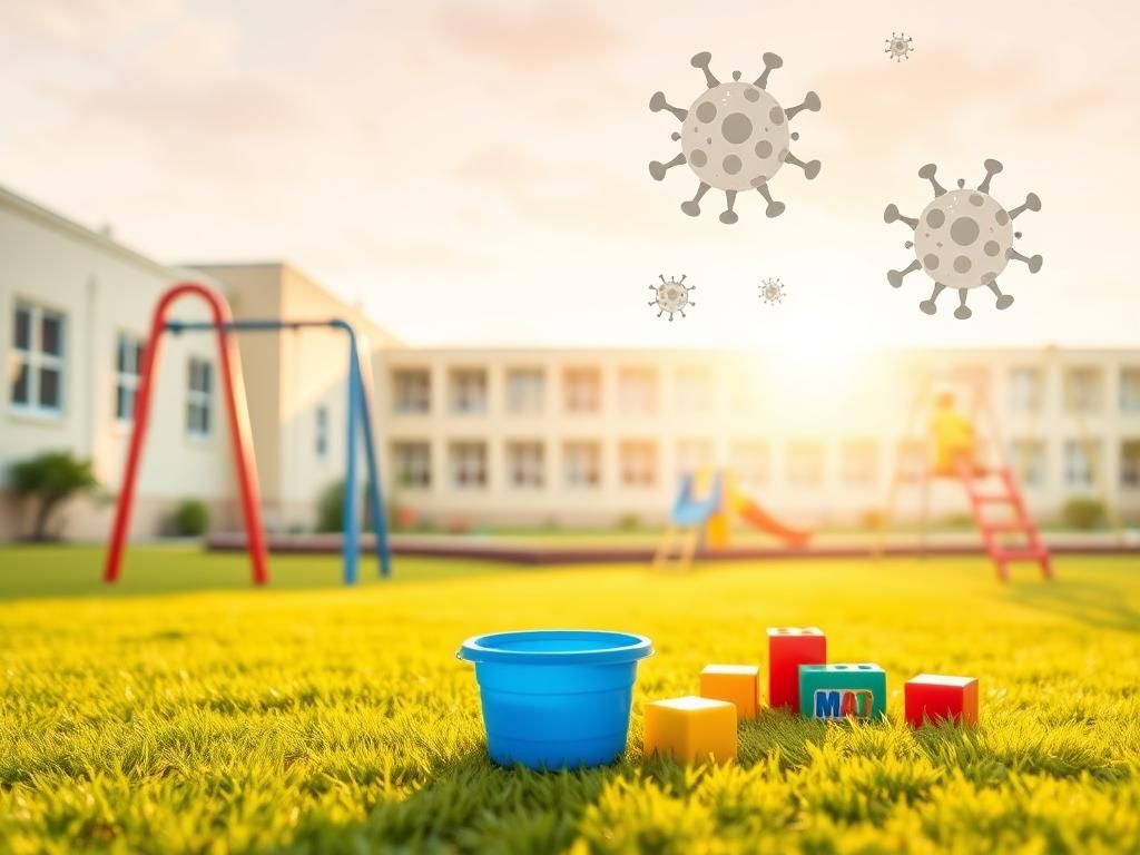 Flick International Empty daycare playground with colorful play equipment under warm afternoon light