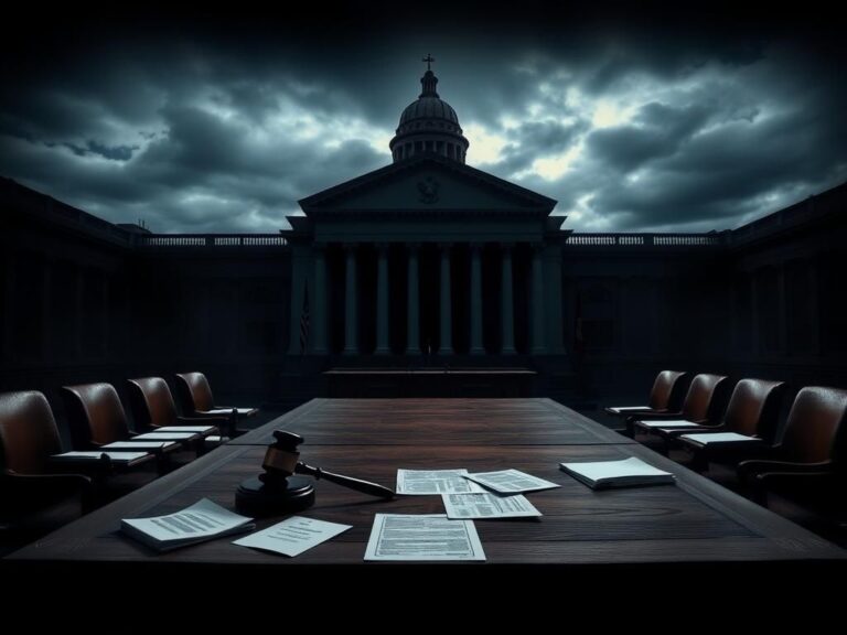 Flick International A dramatic courtroom scene with a large wooden table scattered with legal documents and a gavel, under muted lighting.