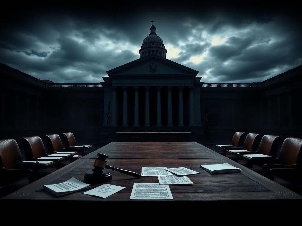 Flick International A dramatic courtroom scene with a large wooden table scattered with legal documents and a gavel, under muted lighting.