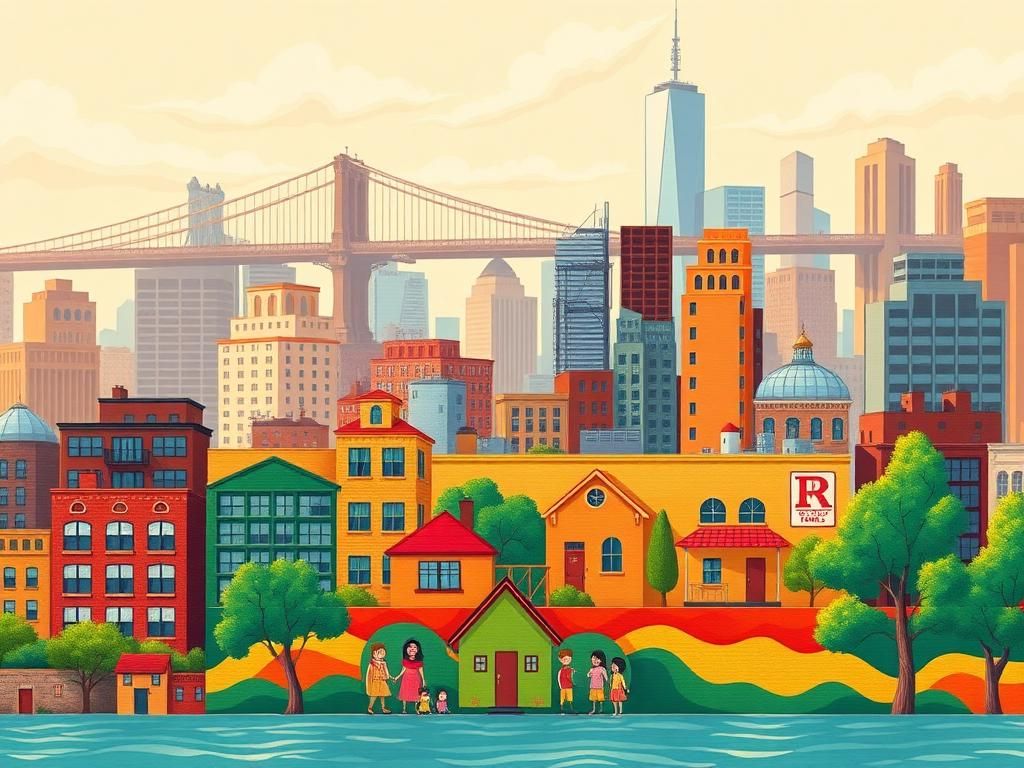 Flick International Vibrant cityscape of New York City featuring a colorful mural celebrating working families