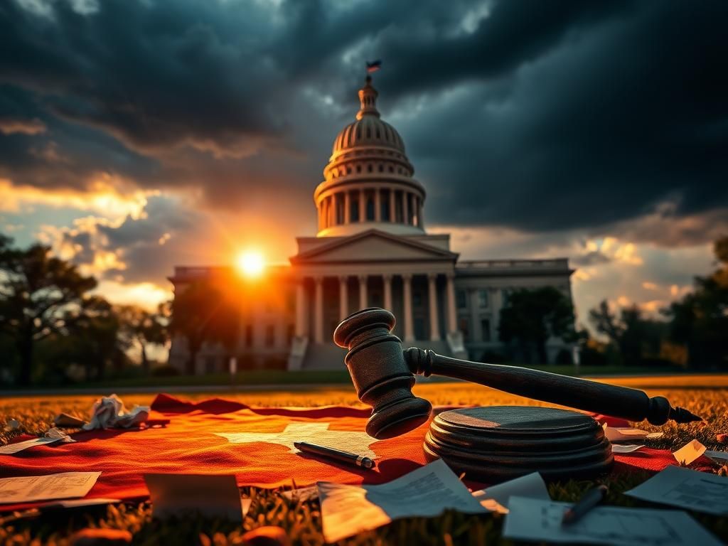 Flick International Texas State Capitol building at sunset with a gavel on a Texas flag