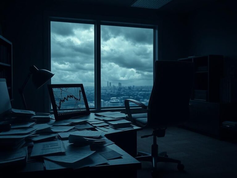 Flick International Dark office space representing financial deceit with cluttered documents and a shattered stock market chart