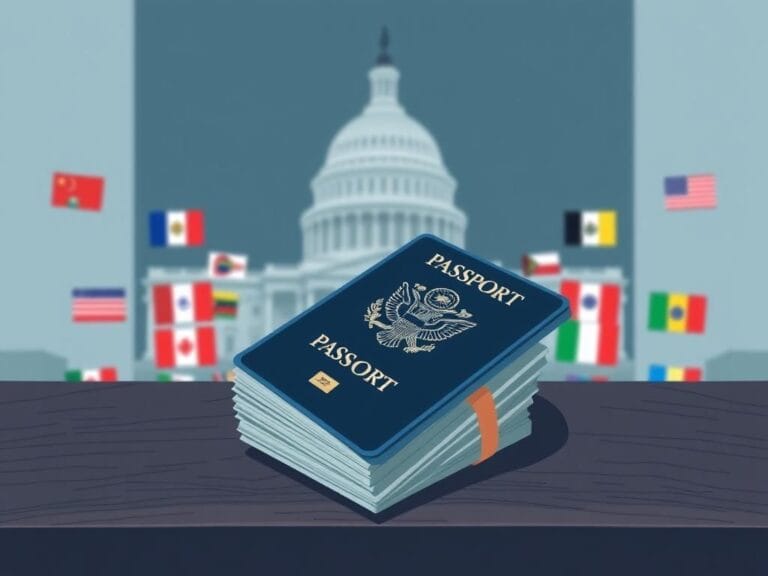 Flick International Illustration of a passport on a wooden table with cash representing visa bonds and a blurred U.S. Capitol in the background