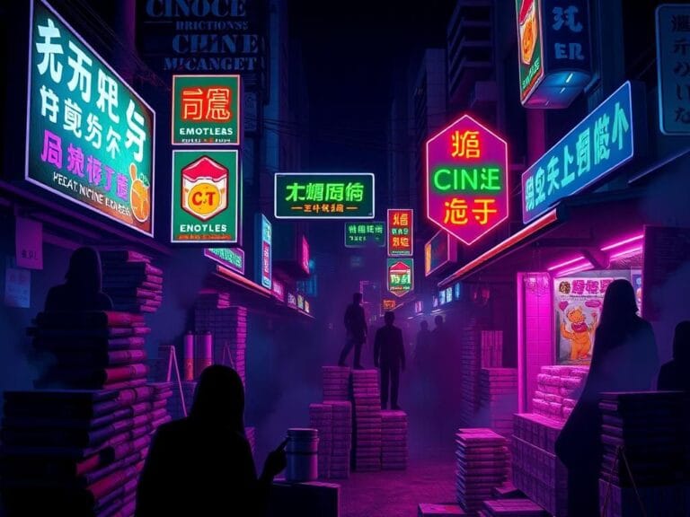 Flick International Dimly lit urban landscape showcasing colorful e-cigarette products with cartoonish designs and vibrant neon signs, indicating a public health crisis.