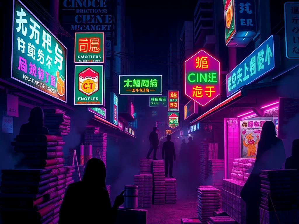Flick International Dimly lit urban landscape showcasing colorful e-cigarette products with cartoonish designs and vibrant neon signs, indicating a public health crisis.