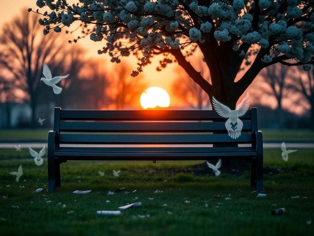 Flick International A tranquil park bench surrounded by flowers and notes symbolizing remembrance and peace for gun control.