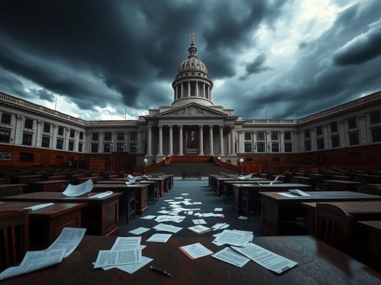 Flick International A dramatic view of the Texas State Capitol building with dark storm clouds overhead and an empty legislative chamber, symbolizing political turmoil.