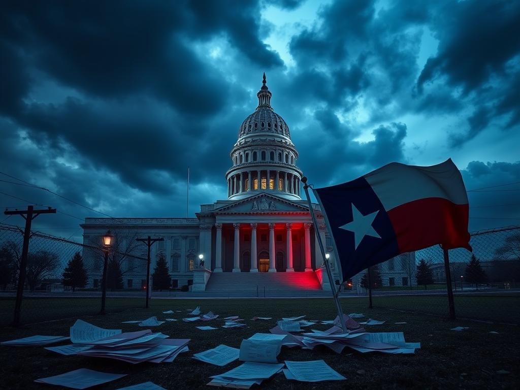 Flick International Dramatic view of the Texas State Capitol building at twilight, with storm clouds and barbed wire.