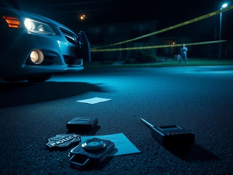 Flick International Dramatic nighttime scene of a police arrest with a fallen badge and police radio