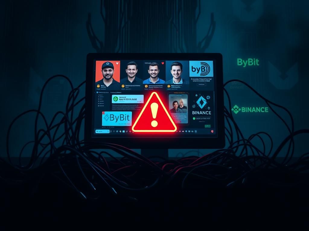 Flick International Dark digital landscape with a towering computer screen displaying misleading cryptocurrency ads