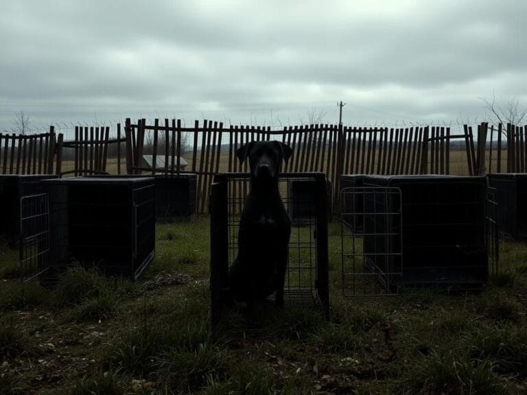 Flick International Abandoned dog kennel with worn-out crates and a shadowy silhouette of a dog