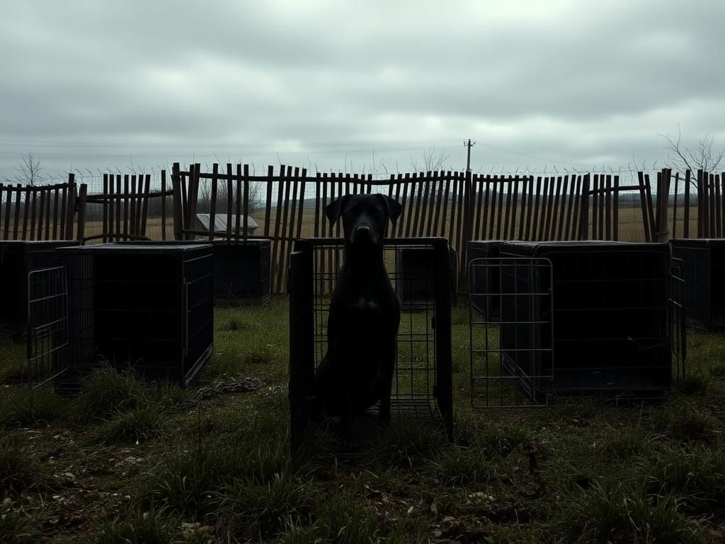 Flick International Abandoned dog kennel with worn-out crates and a shadowy silhouette of a dog