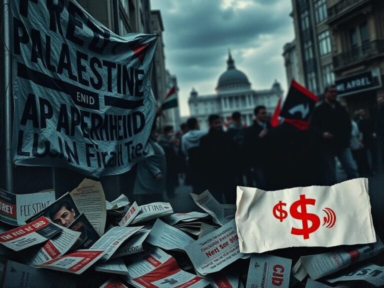 Flick International Fragmented protest scene with banners and activist materials symbolizing internal conflict within the anti-Israel movement