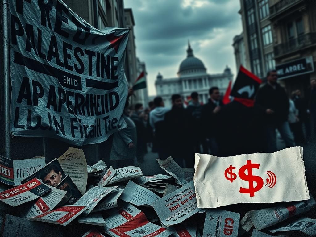 Flick International Fragmented protest scene with banners and activist materials symbolizing internal conflict within the anti-Israel movement