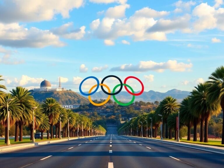 Flick International Panoramic view of Los Angeles skyline with Olympic rings and palm trees