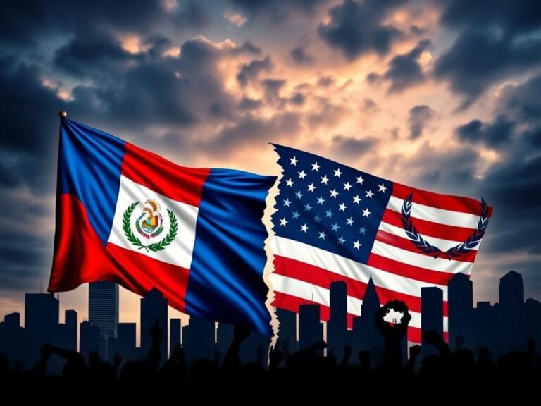 Flick International Vibrant scene showing intertwined flags of Guatemala and the United States, symbolizing cultural pride and political tension