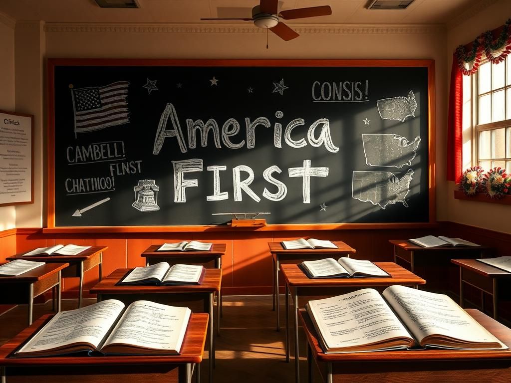 Flick International Classroom scene with a chalkboard displaying 'America First' and symbols of American history